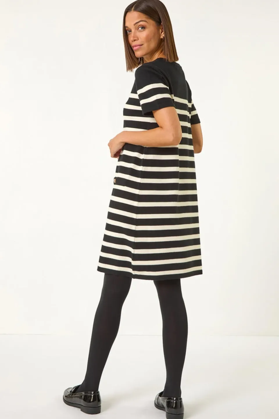 Knitwear>Roman Stripe Button A-Line Knit Dress Black