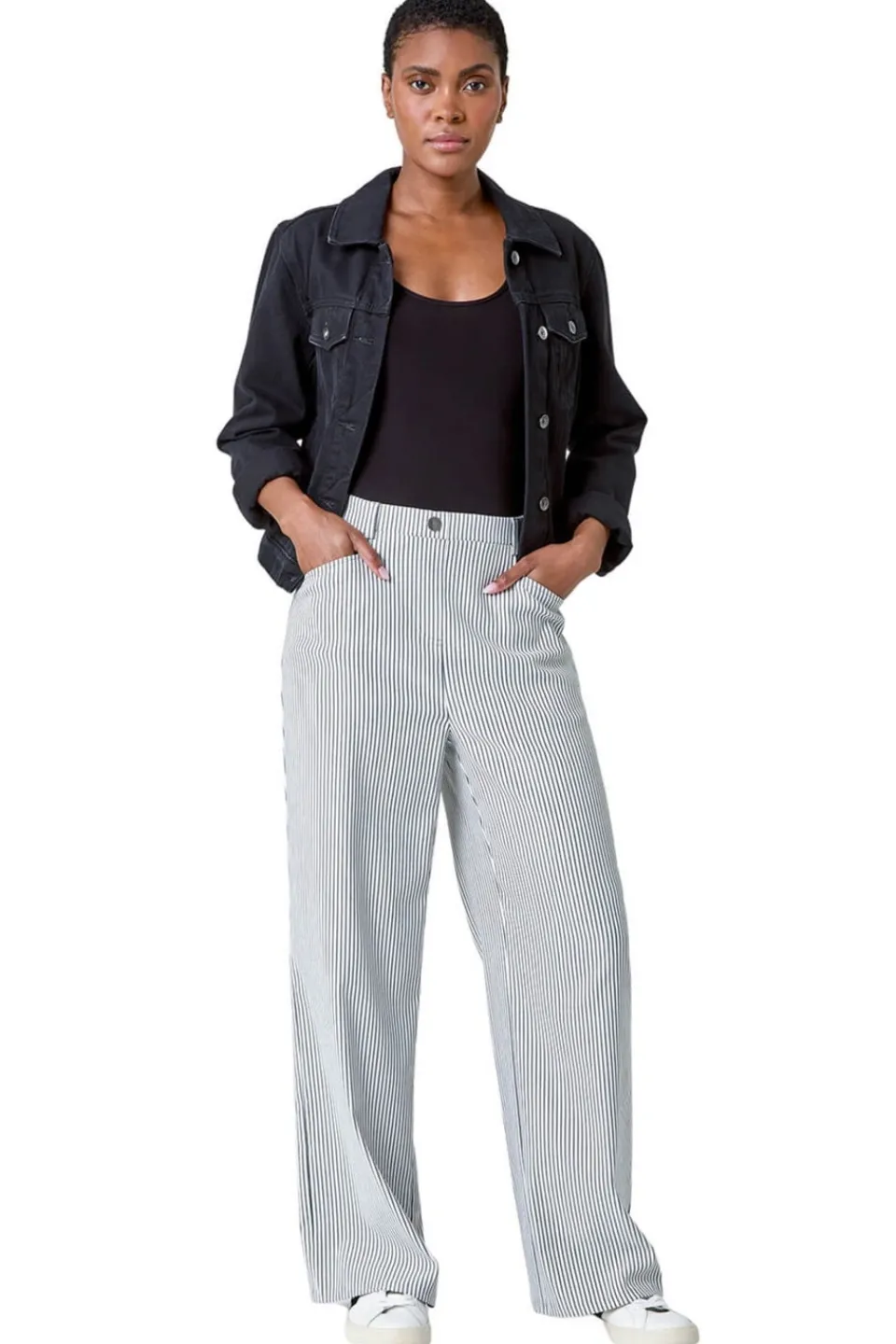Trousers>Roman Black Stripe Wide Leg Stretch Trousers