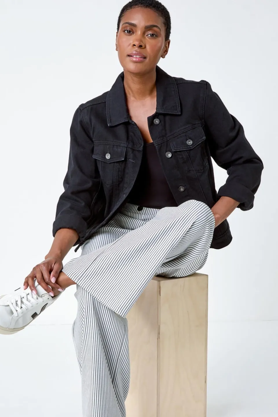 Trousers>Roman Black Stripe Wide Leg Stretch Trousers
