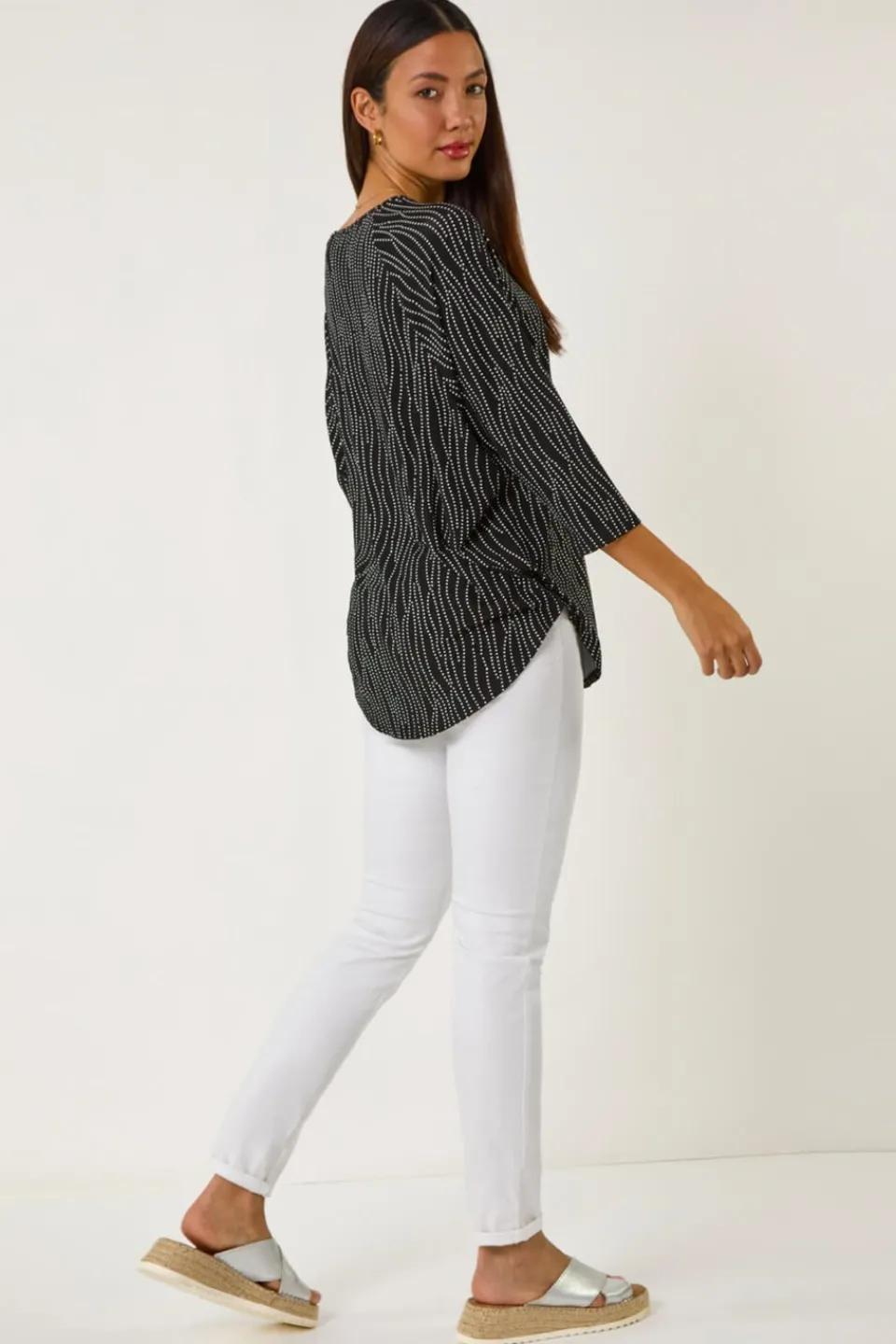 Tops>Roman Black Swirl Spot Print Stretch Top
