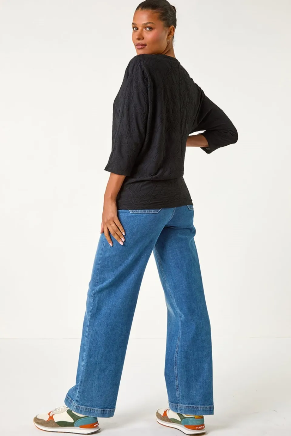 Tops>Roman Black Textured Batwing Sleeve Top