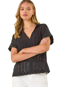 Tops>Roman Black Textured Collar V-Neck Top