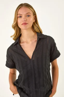 Tops>Roman Black Textured Collar V-Neck Top