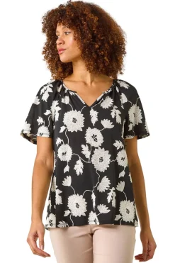 T-Shirts>Roman Black Textured Floral Print V Neck Stretch Top