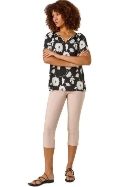 T-Shirts>Roman Black Textured Floral Print V Neck Stretch Top