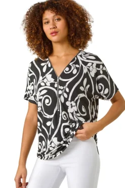 T-Shirts>Roman Black Textured Print Zip Detail Top