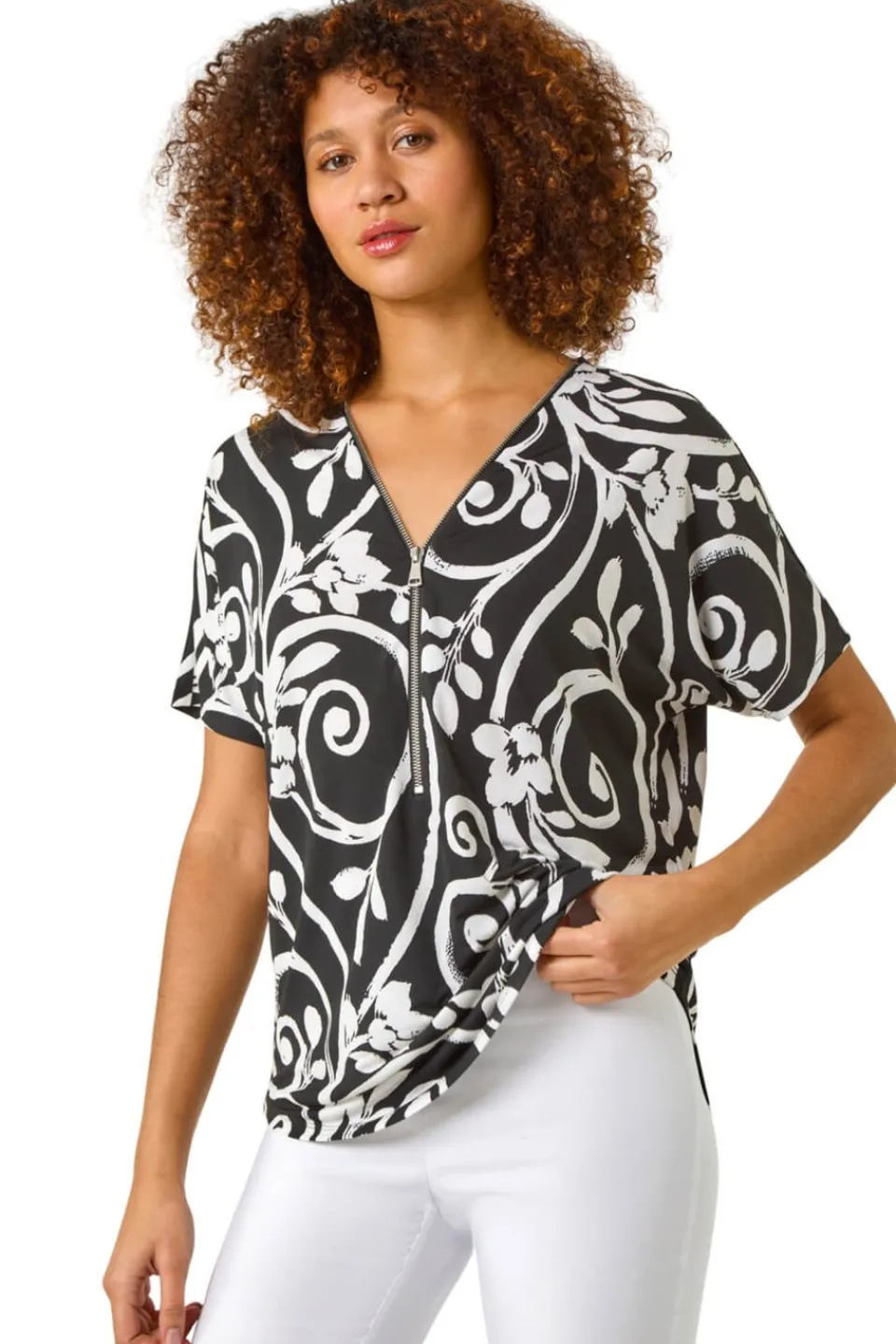 T-Shirts>Roman Black Textured Print Zip Detail Top