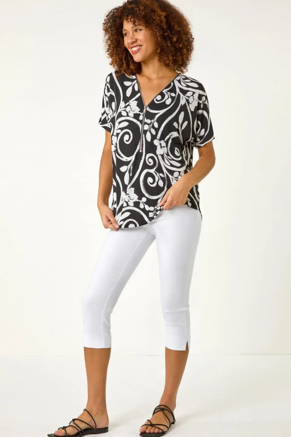 T-Shirts>Roman Black Textured Print Zip Detail Top