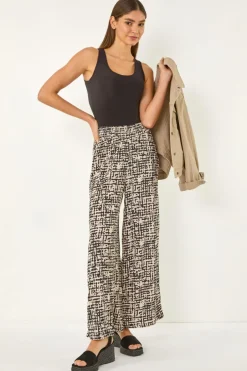 Trousers>Roman Black Textured Print Elastic Waist Stretch Trouser