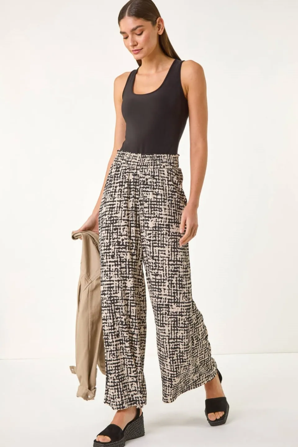 Trousers>Roman Black Textured Print Elastic Waist Stretch Trouser
