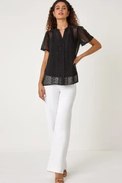 Tops>Roman Black Textured Spot Lace Trim Blouse