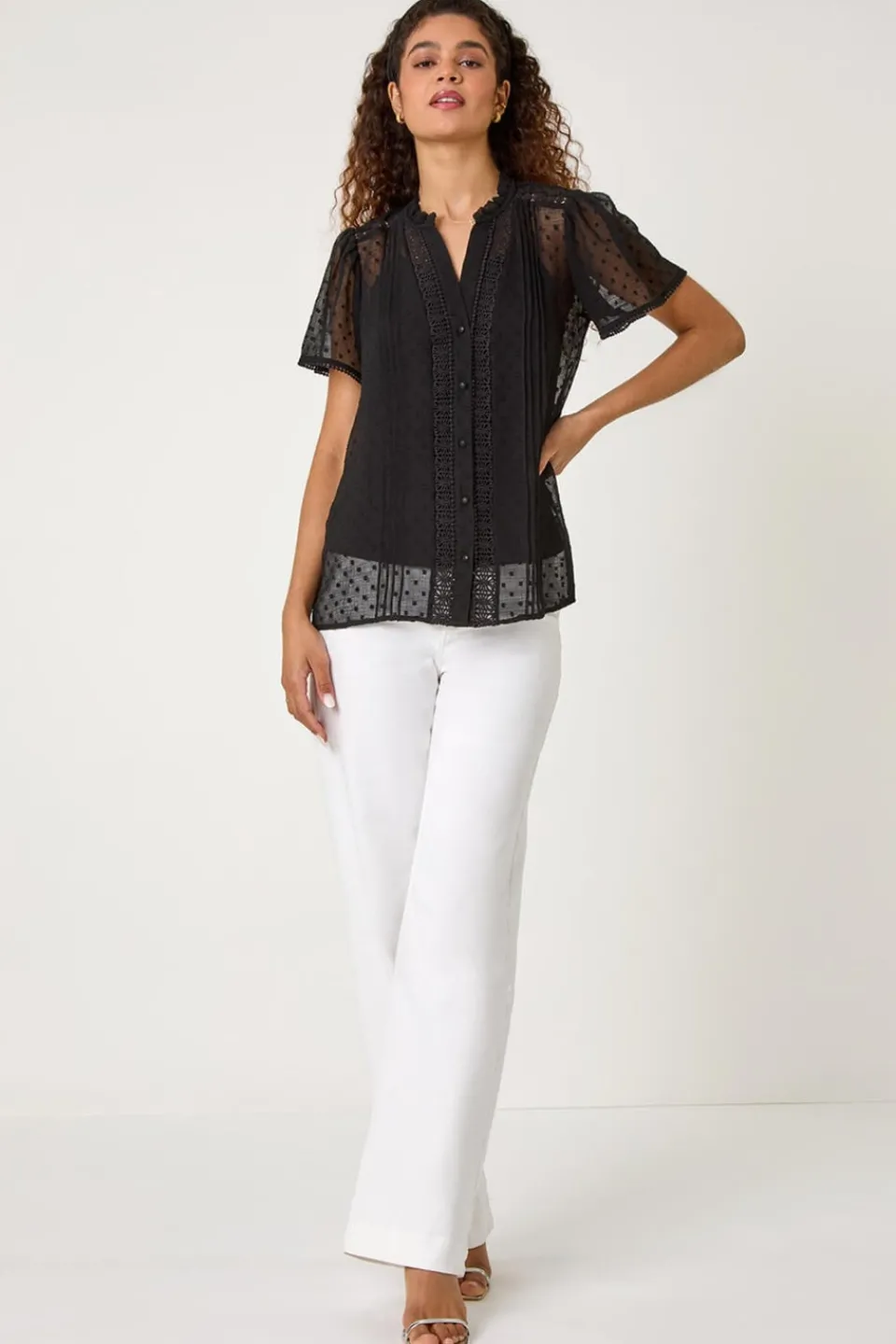 Tops>Roman Black Textured Spot Lace Trim Blouse
