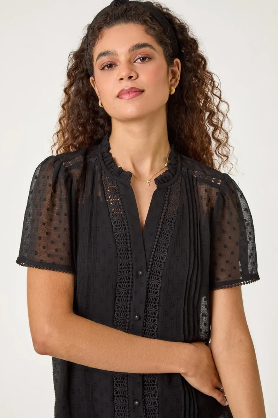 Tops>Roman Black Textured Spot Lace Trim Blouse