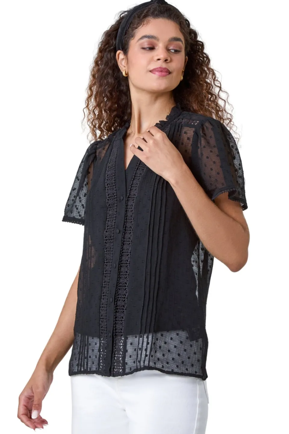 Tops>Roman Black Textured Spot Lace Trim Blouse