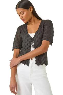 Tops>Roman Black Textured Tie Front Shrug