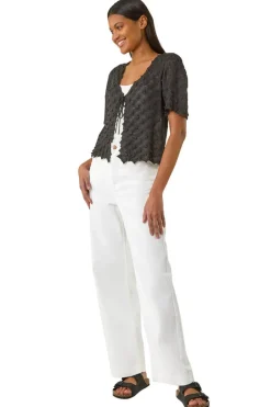 Tops>Roman Black Textured Tie Front Shrug