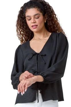 Tops>Roman Black Tie Front Woven Top