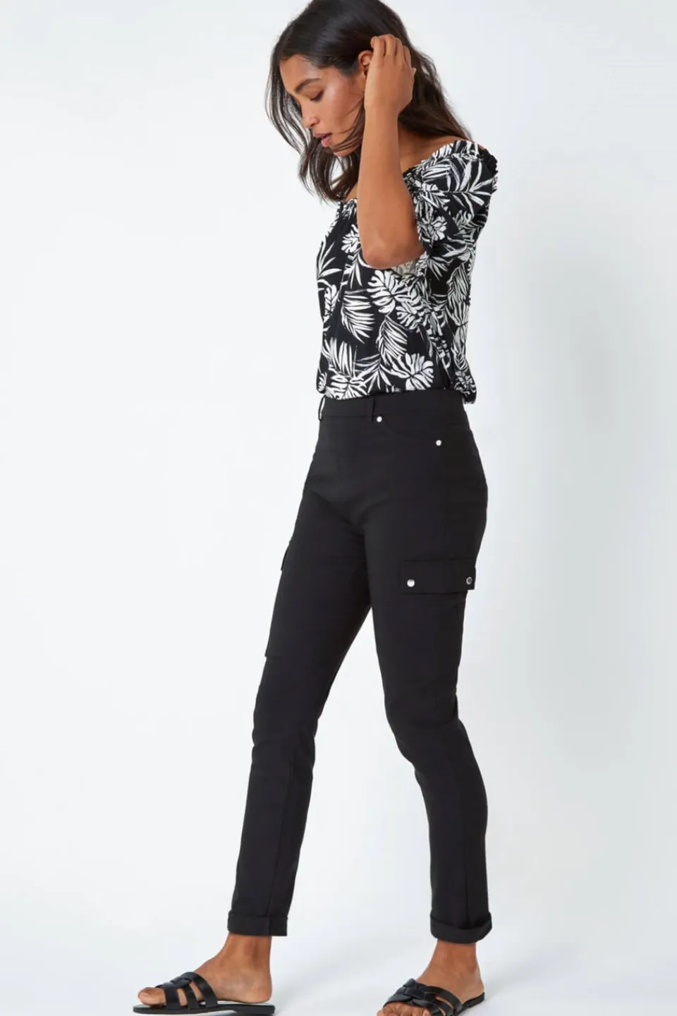 Trousers>Roman Turn Up Stretch Cargo Trousers Black