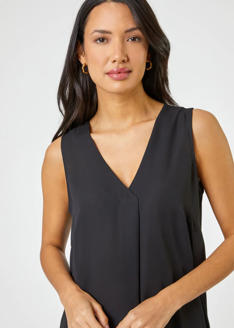 Tops>Roman V-Neck Pleat Tunic Tank Top Black