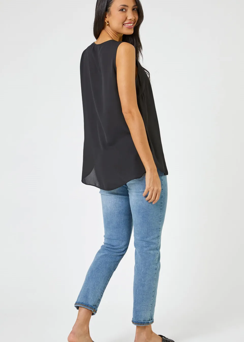 Tops>Roman V-Neck Pleat Tunic Tank Top Black