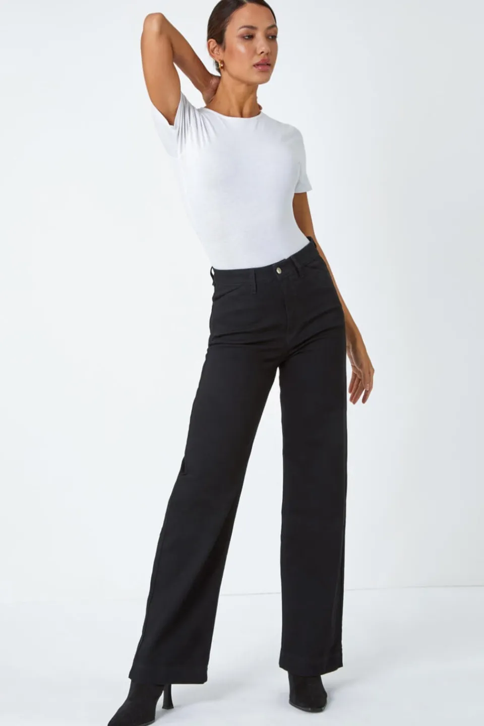Jeans & Jeggings>Roman Wide Leg Stretch Denim Jeans Black