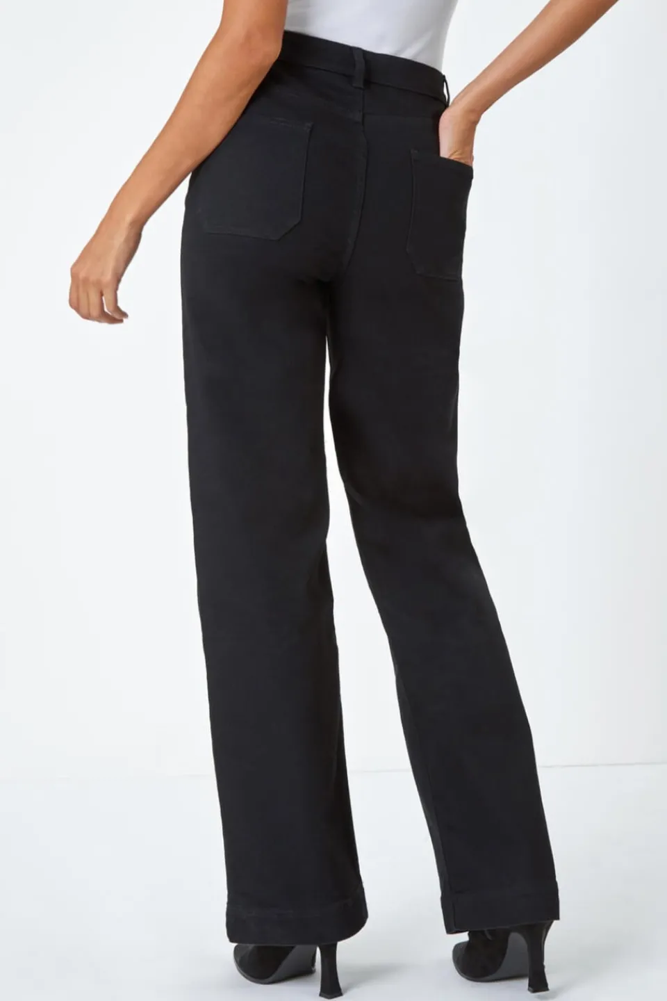 Jeans & Jeggings>Roman Wide Leg Stretch Denim Jeans Black