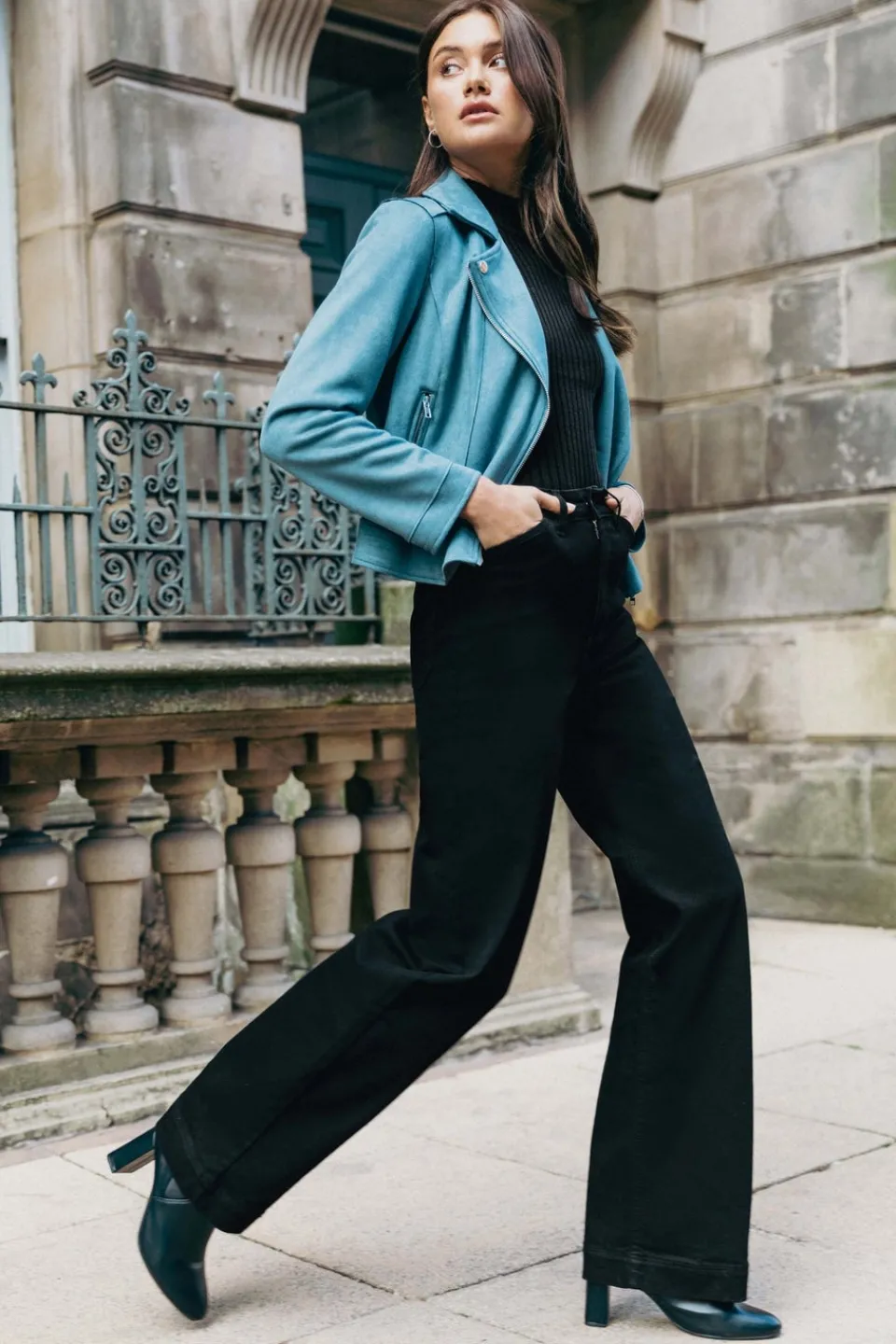 Jeans & Jeggings>Roman Wide Leg Stretch Denim Jeans Black