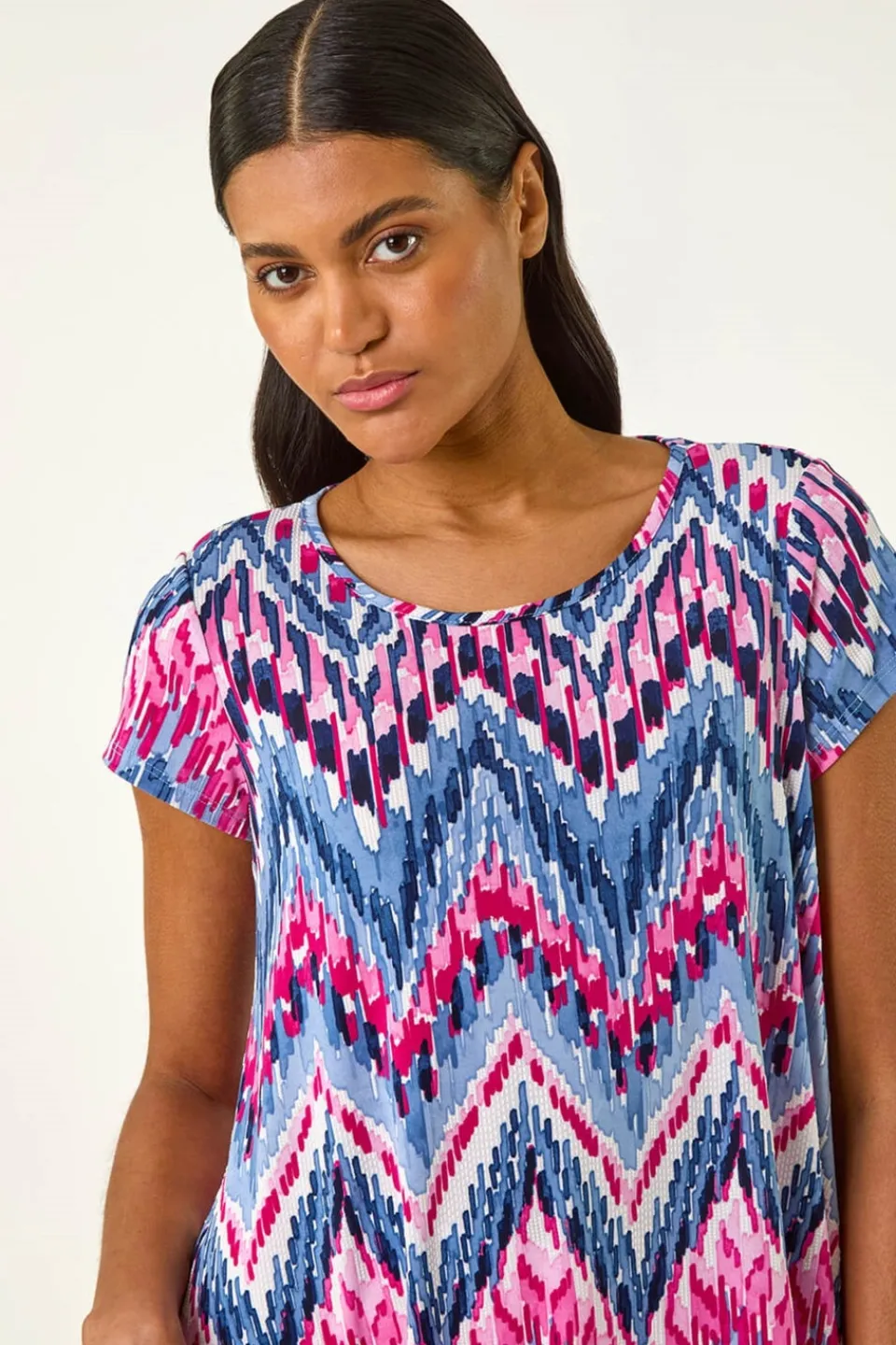 Tops>Roman Blue Abstract Chevron Tunic Top