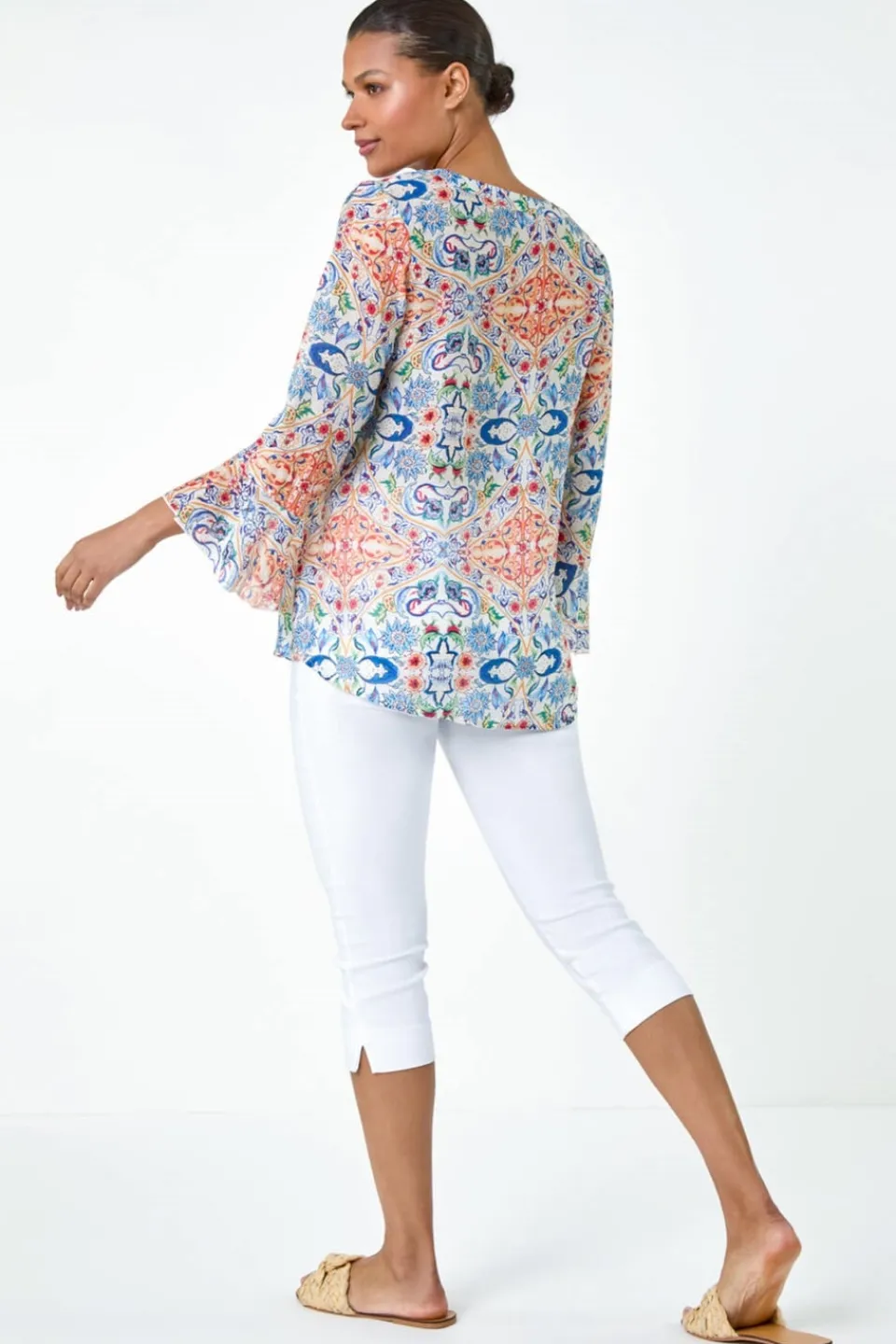 Tops>Roman Blue Abstract Floral Frill Sleeve Top