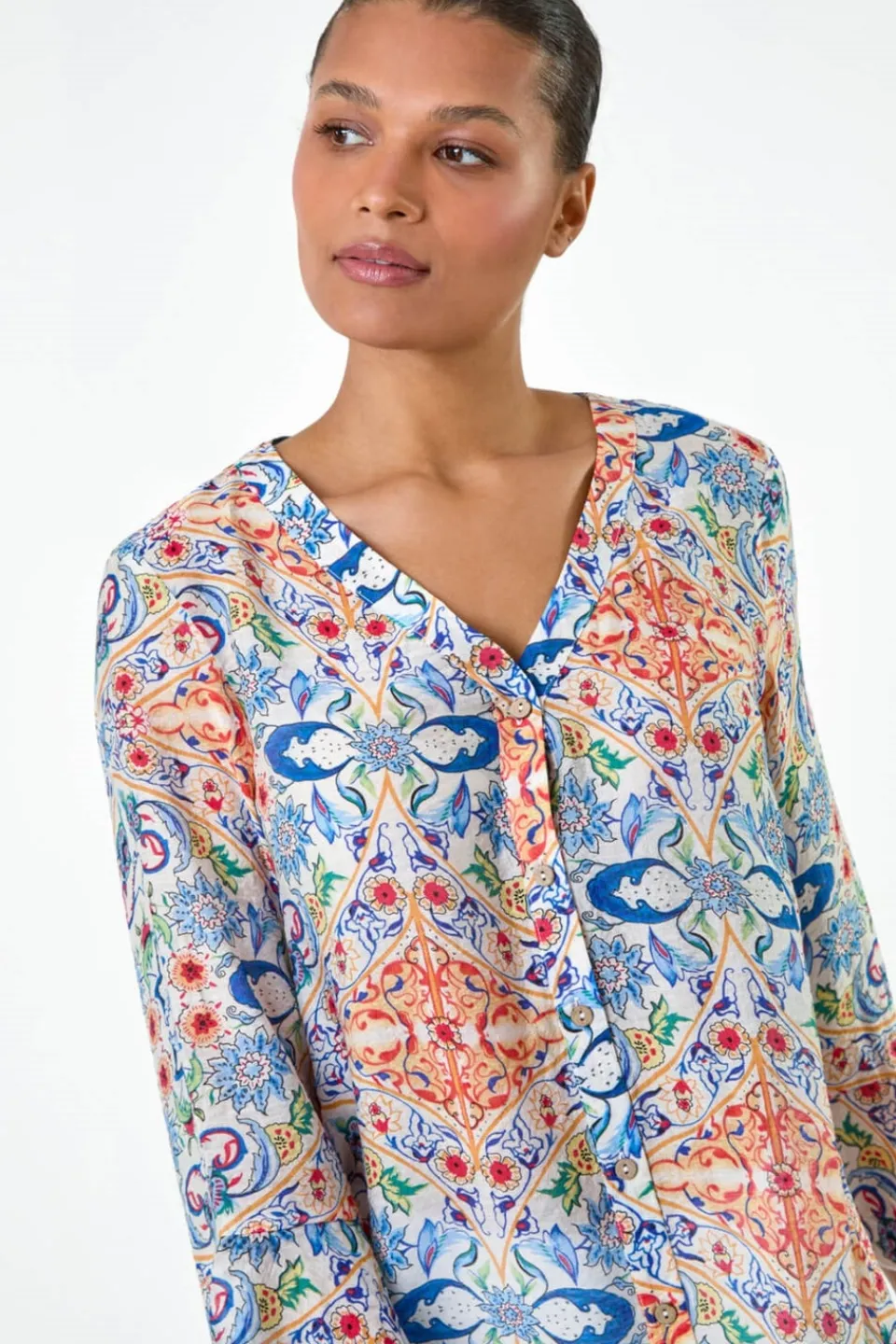 Tops>Roman Blue Abstract Floral Frill Sleeve Top