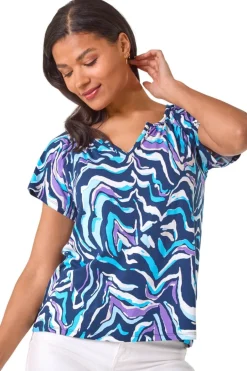 Tops>Roman Blue Abstract Print Hanky Hem Stretch Top