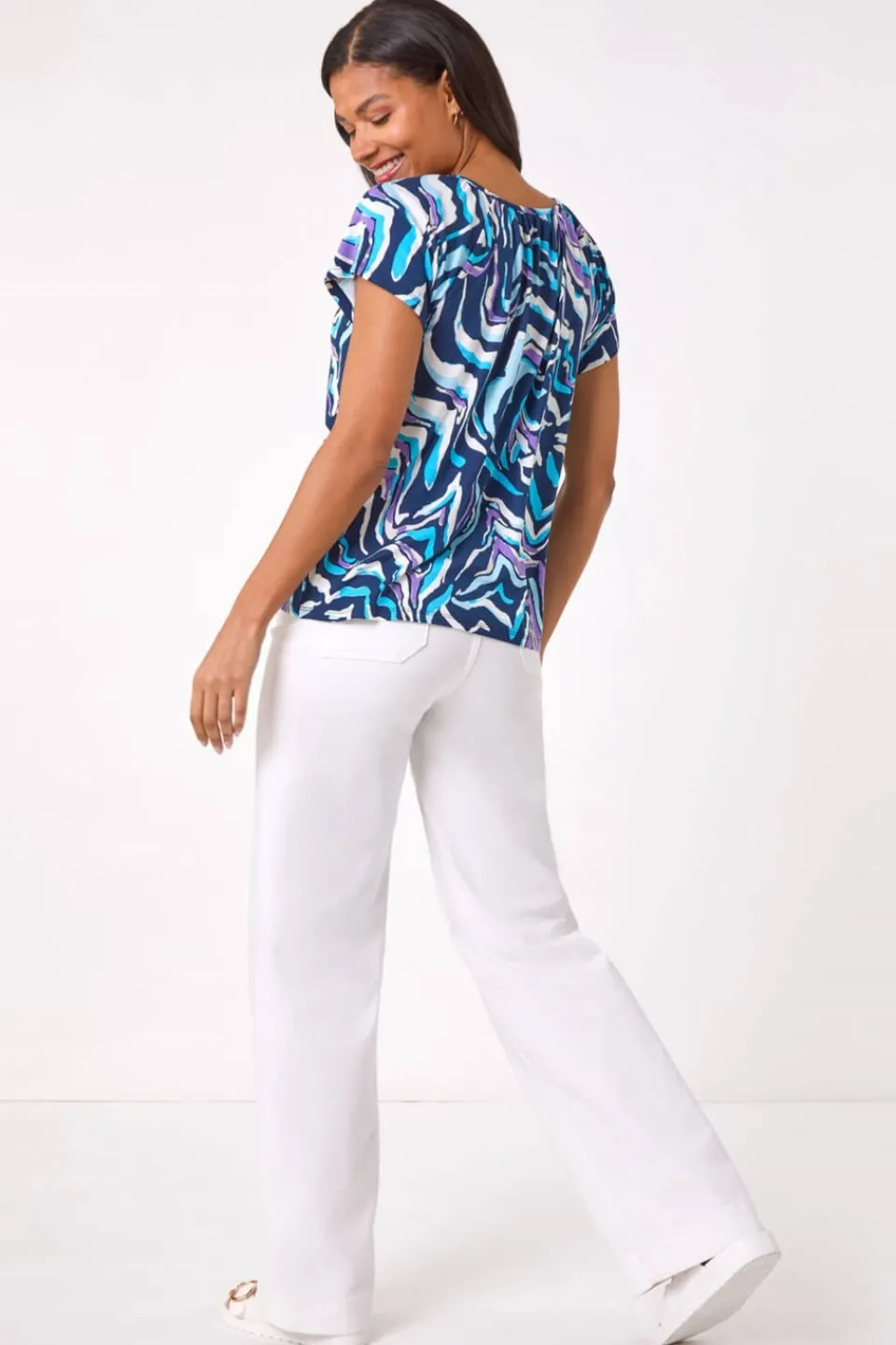 Tops>Roman Blue Abstract Print Hanky Hem Stretch Top