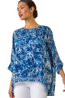 Tops>Roman Blue Abstract Print Overlay Tunic Top
