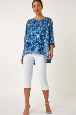 Tops>Roman Blue Abstract Print Overlay Tunic Top