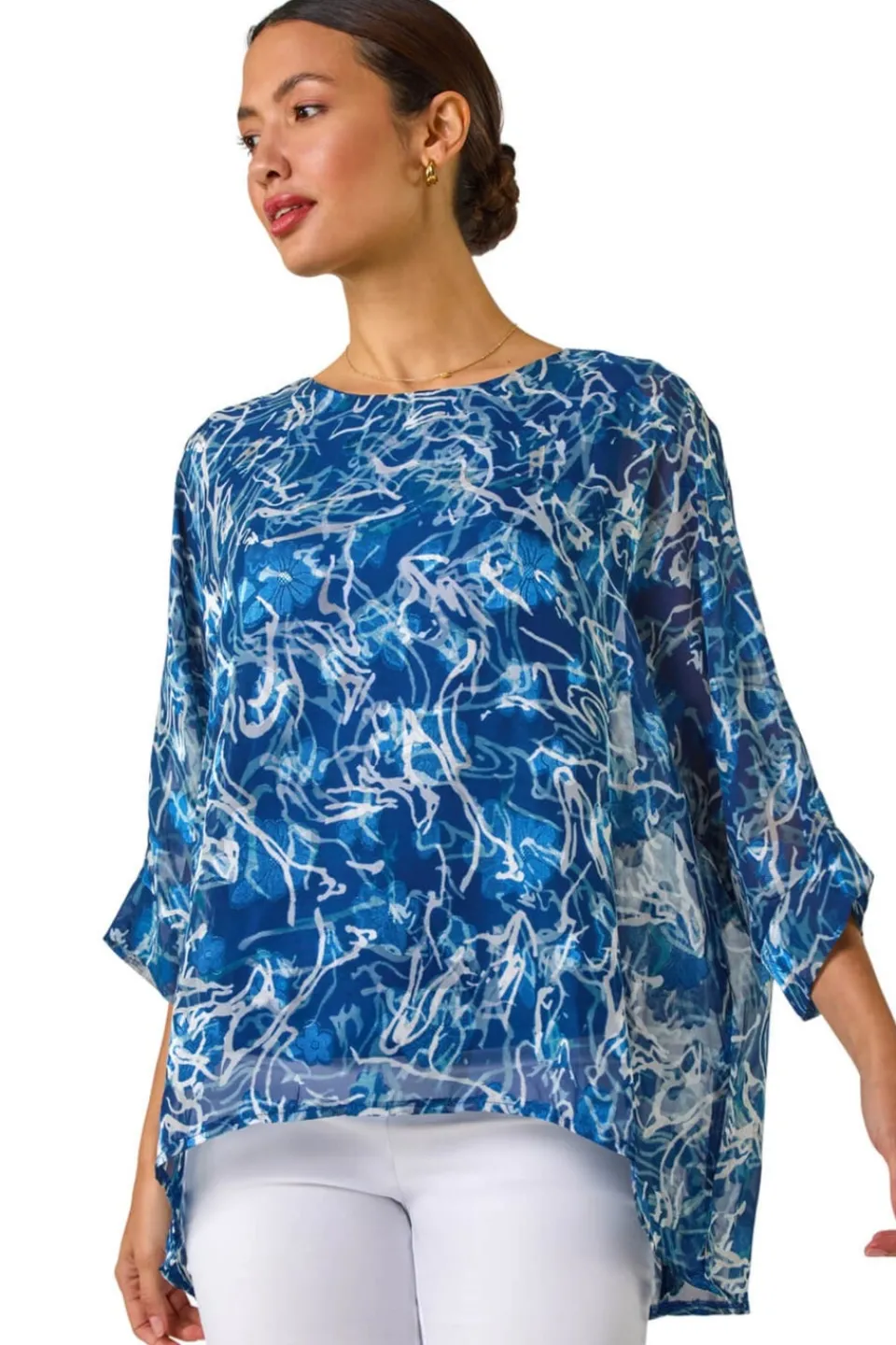 Tops>Roman Blue Abstract Print Overlay Tunic Top