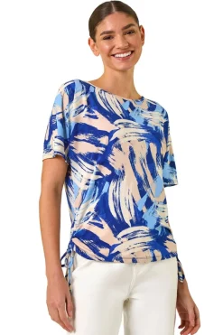 T-Shirts>Roman Blue Abstract Print Side Tie Detail Top