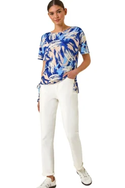 T-Shirts>Roman Blue Abstract Print Side Tie Detail Top