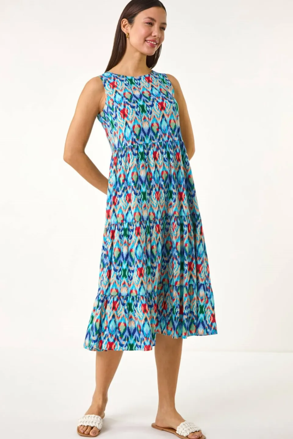 Dresses>Roman Blue Abstract Print Smock Midi Dress