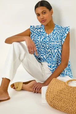 Tops>Roman Blue Abstract Print Pleated Sleeve Blouse