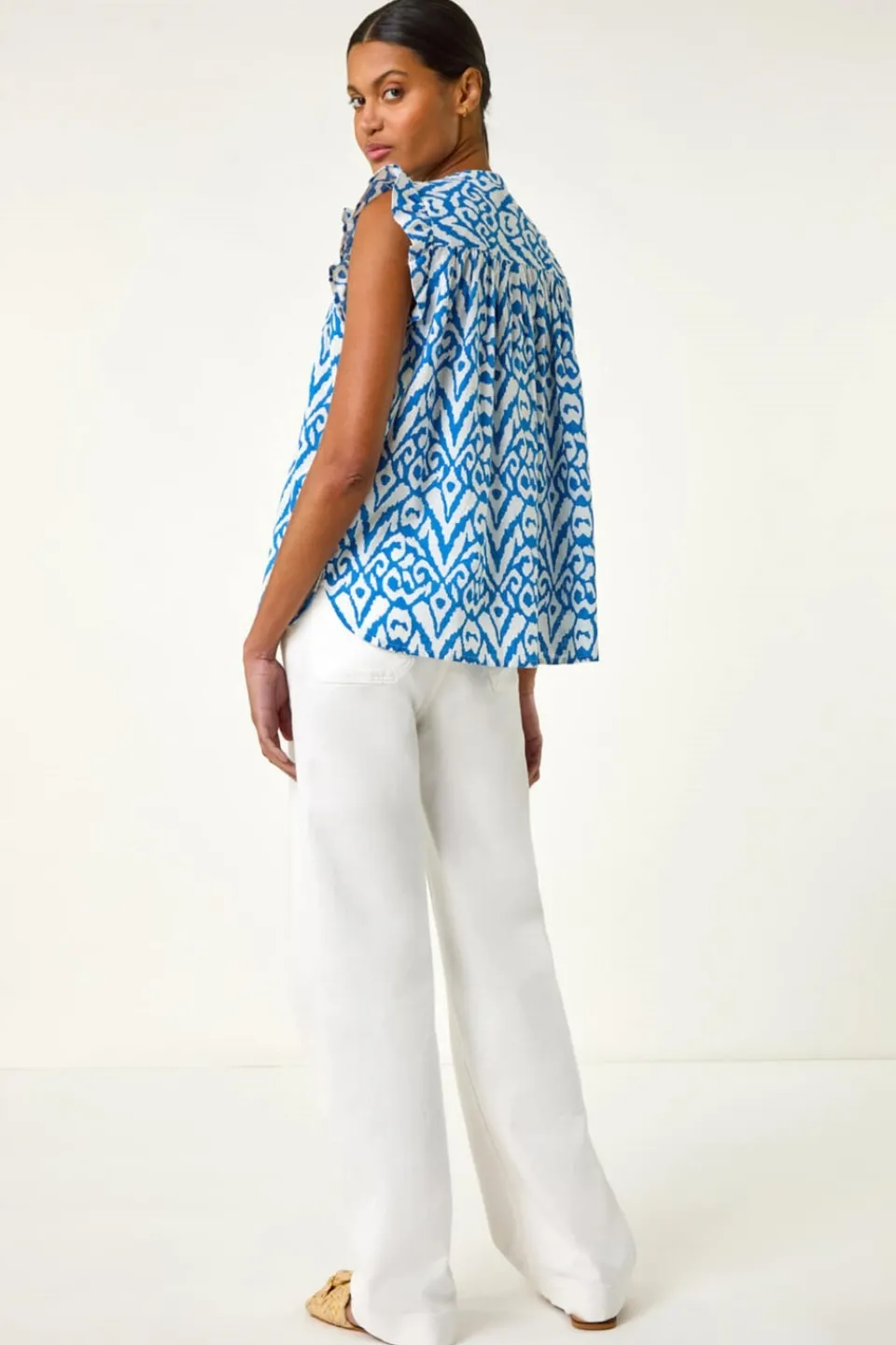 Tops>Roman Blue Abstract Print Pleated Sleeve Blouse