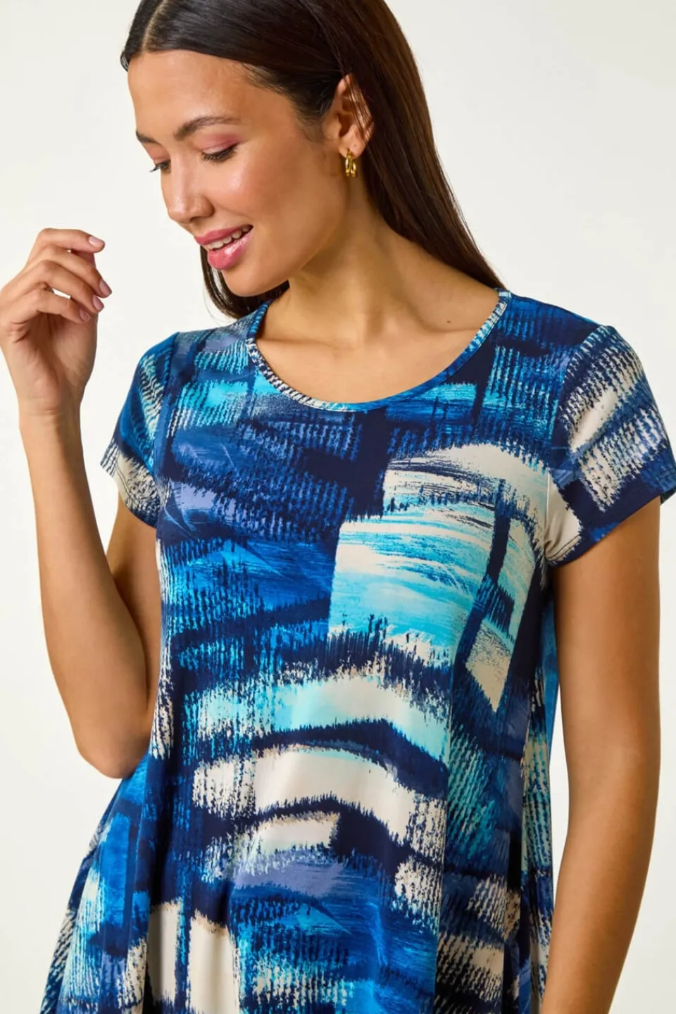 Tops>Roman Blue Abstract Print Stretch Tunic Top