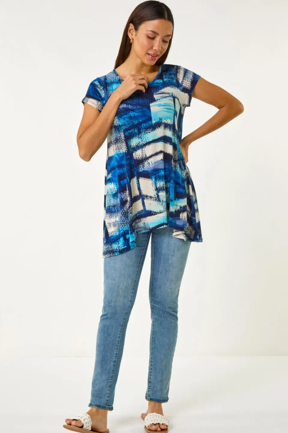 Tops>Roman Blue Abstract Print Stretch Tunic Top