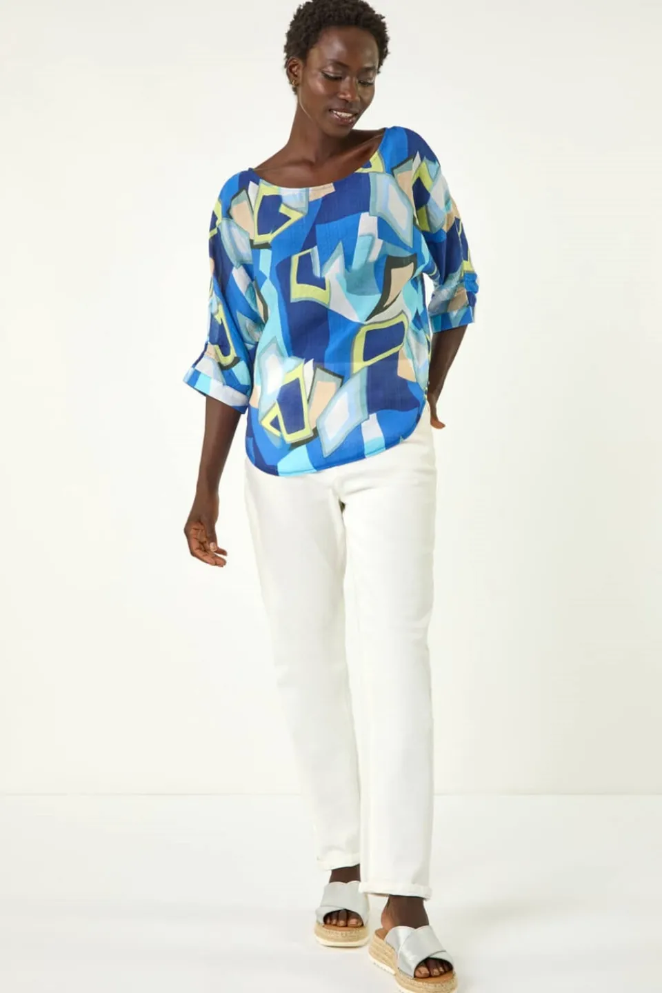 Tops>Roman Blue Abstract Print Stretch Top