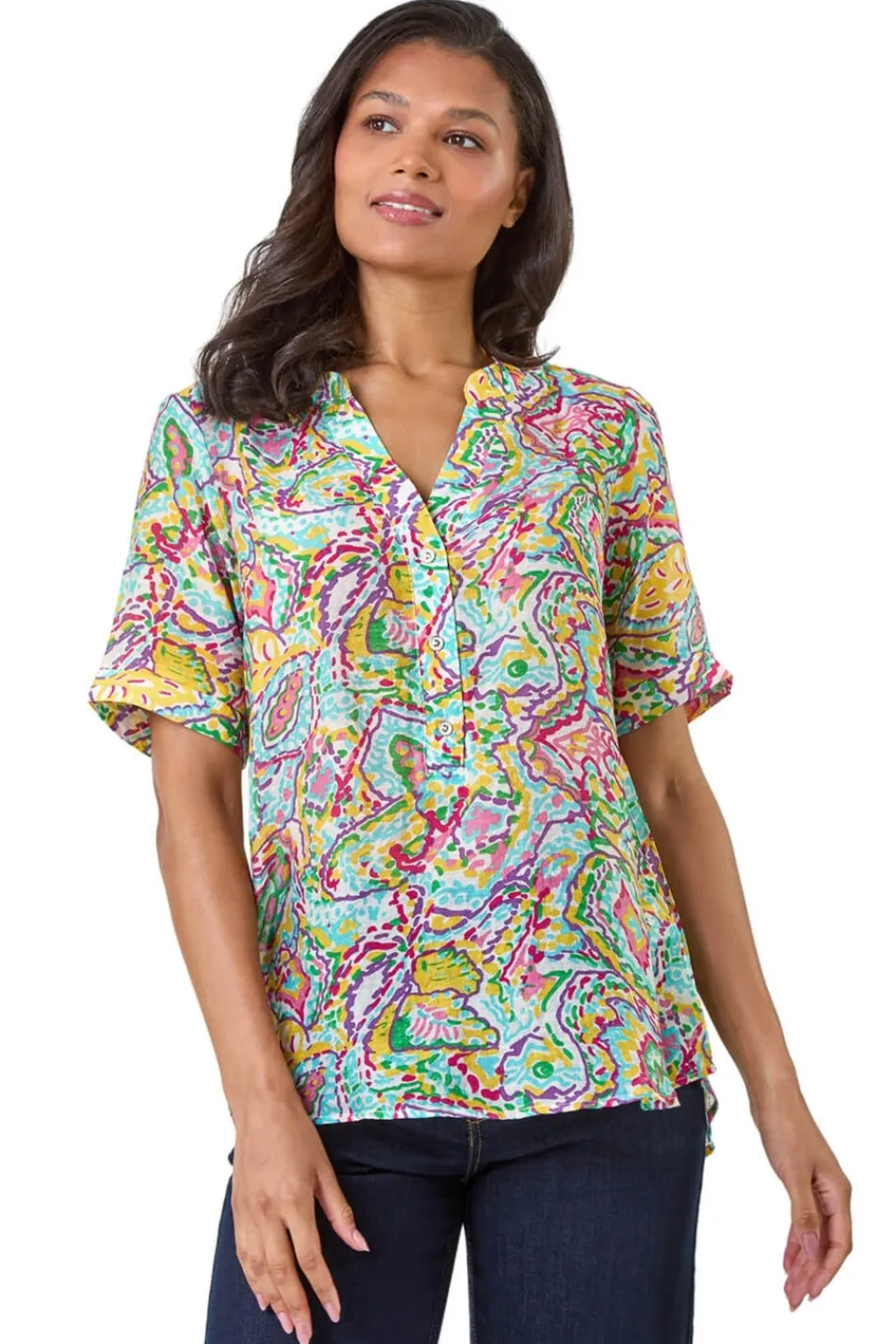 Tops>Roman Blue Abstract Print Button Detail Top