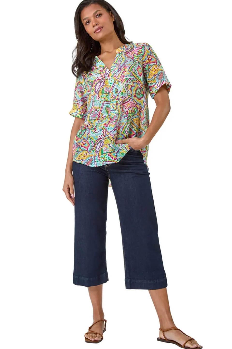 Tops>Roman Blue Abstract Print Button Detail Top
