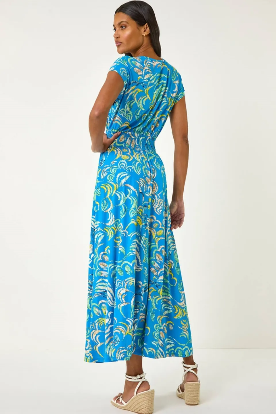 Dresses>Roman Blue Abstract Ruched Maxi Dress