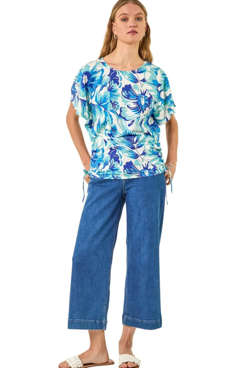 Tops>Roman Blue Abstract Ruched Side Stretch Top