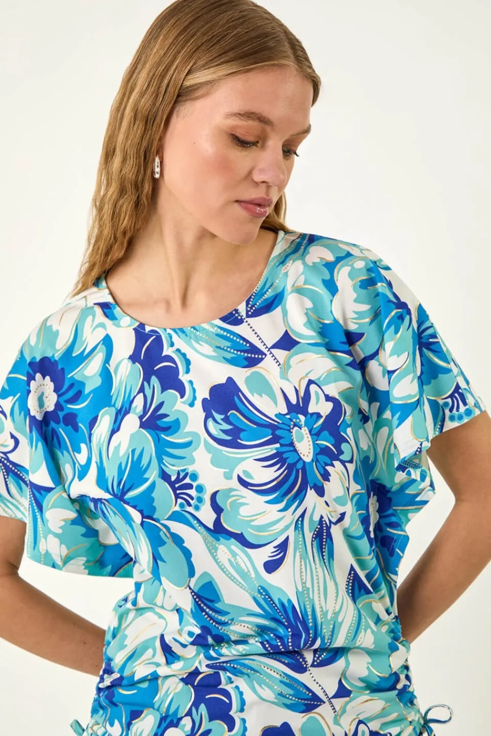 Tops>Roman Blue Abstract Ruched Side Stretch Top