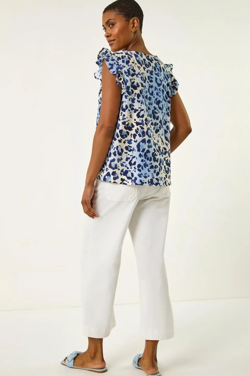 Tops>Roman Blue Animal Print Frill Sleeve Blouse