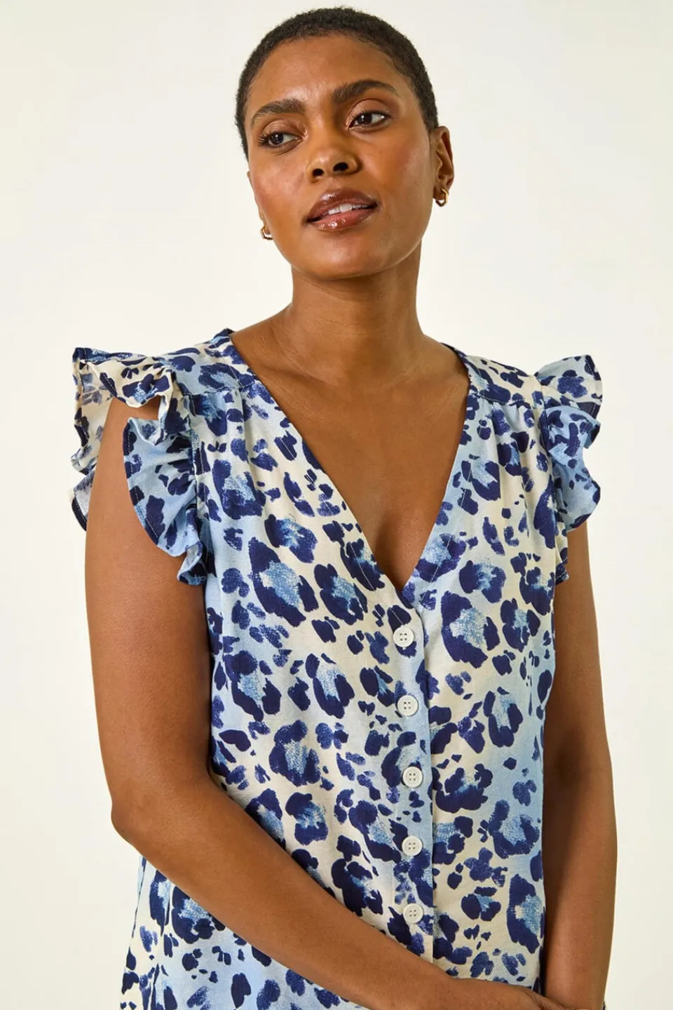 Tops>Roman Blue Animal Print Frill Sleeve Blouse